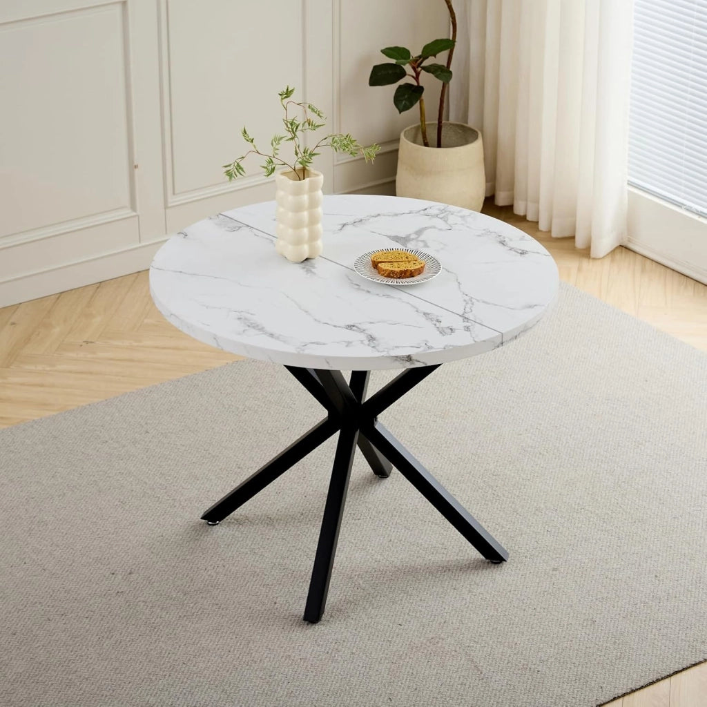 GrandCA HOME Set Tavolo e Sedie da Pranzo,Tavolo Rotondo Moderno da 100 Cm,4 Sedia da Pranzo In Velluto a Coste Traforato,adatto Per Cucina, Soggiorno, Caffetteria(Marmo Nero + Grigio)