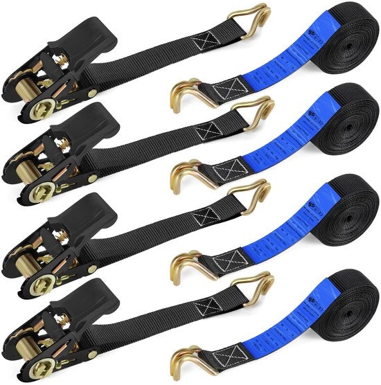Ratelspanbandi con ganci - 6M x 25MM ratelspanbandi TÜV/GS-omologati con gancio per motocicli, auto, rimorchi e uso domestico (nero/4-pack)