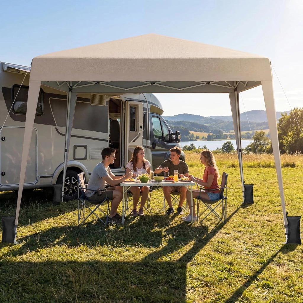 Gazebo da Giardino 3 x 3 M, Tendone Parasole con Telo Impermeabile e Resistente, Sacchi di Sabbia, Pieghevole, Portatile e Altezza Regolabile, per Esterno, Mercati, Fiere e Campeggio (Beige)