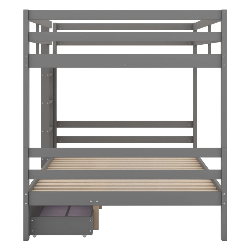 Letto a castello in legno di pino e MDF 140x200 cm grigio con cassetti e scala