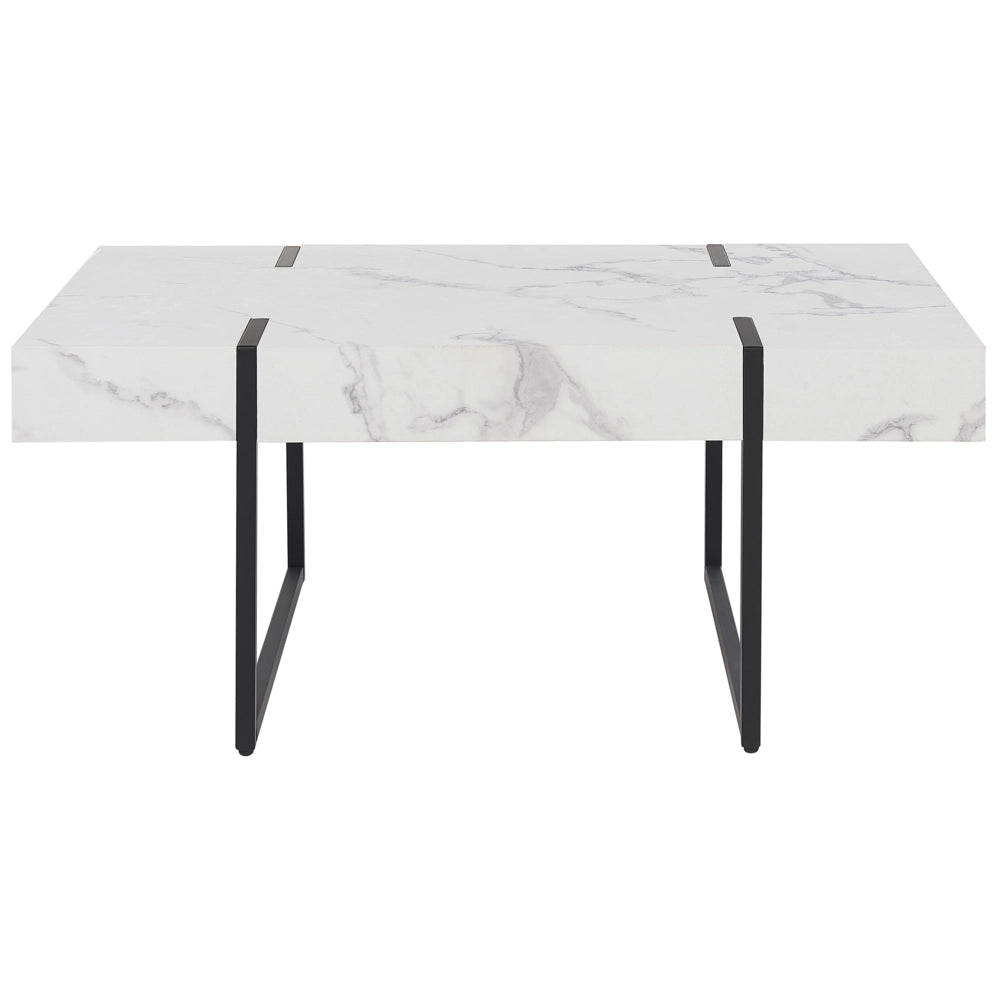 Tavolino Bianco con MDF Nero Metallo 100 x 60 cm Gambe da Tavolo Effetto Marmo Rettangolare Stile Moderno