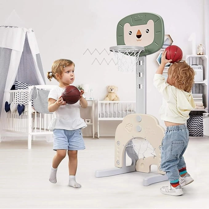 Basket per Bambini Centro attività Multifunzione - Palla Canestro, Calcio e Golf, Mazza da Golf e Palle incluese, per Bambini, Altezza Regolabile (Leone Verde)