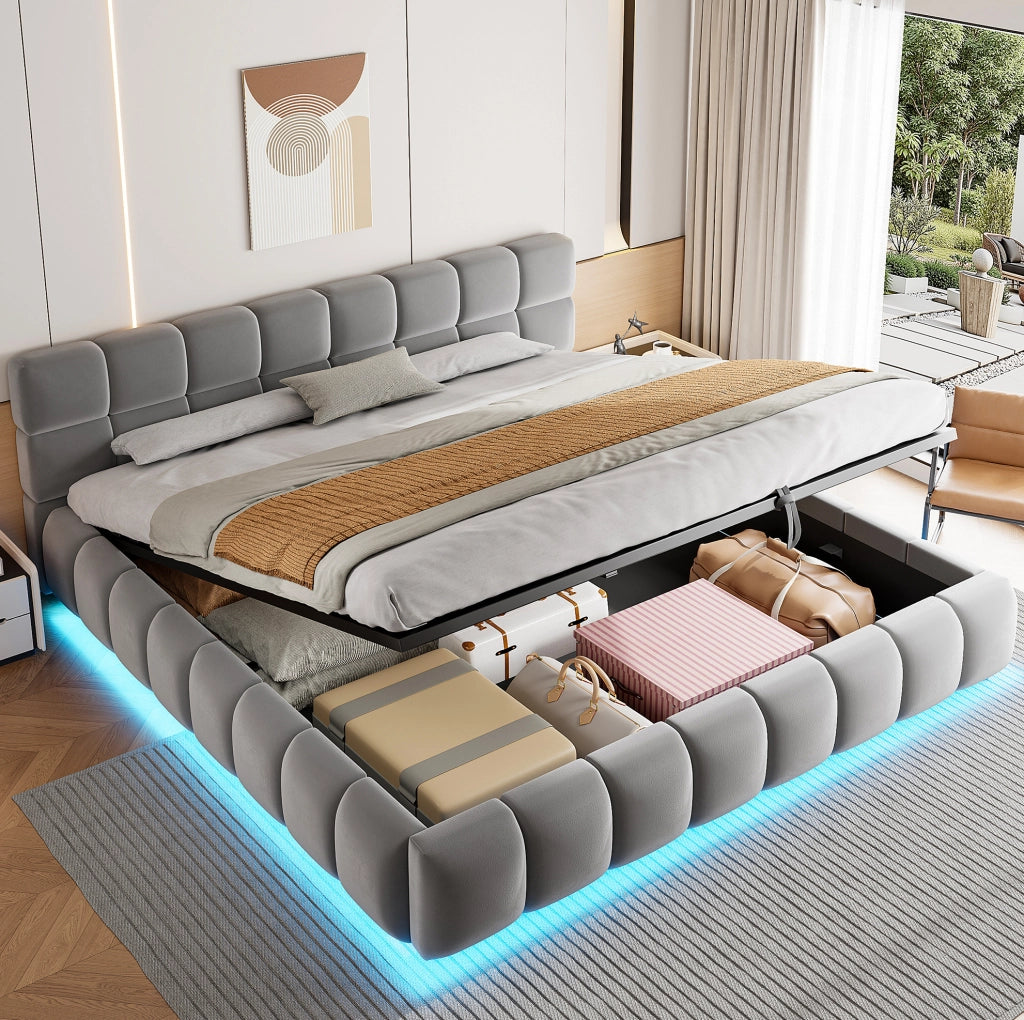 Letto imbottito 180x200 cm con contenitore idraulico e LED in velluto grigio