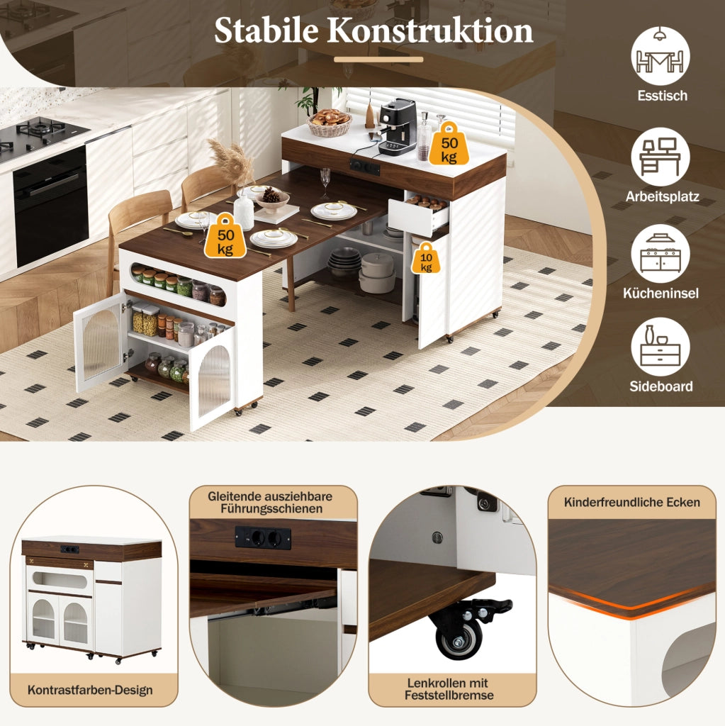 Isola cucina estensibile con prese, ruote e vetrine
