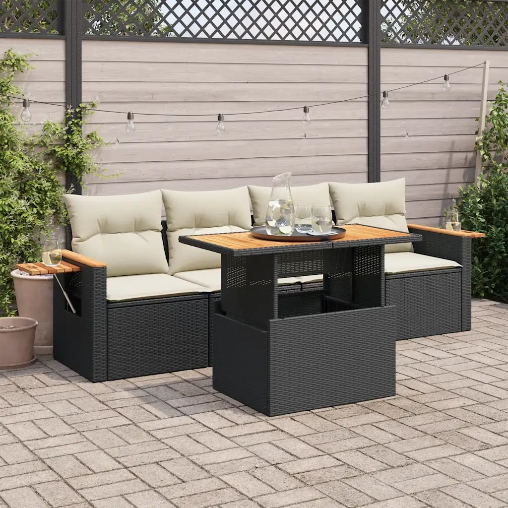 Set Divani da Giardino 5 pz con Cuscini Nero Polyrattan Acacia