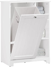 Mobiletto da Bagno con Sacco per Biancheria – Mobile con Cesto a Ribalta e 3 Ripiani – Mobile Salvaspazio, Arredo Bagno in Legno per Spazi Ridotti, Bianco, 60x86x37cm, BZR105-W