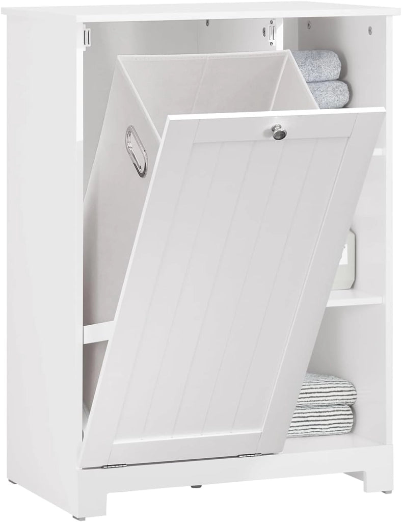 Mobiletto da Bagno con Sacco per Biancheria – Mobile con Cesto a Ribalta e 3 Ripiani – Mobile Salvaspazio, Arredo Bagno in Legno per Spazi Ridotti, Bianco, 60x86x37cm, BZR105-W