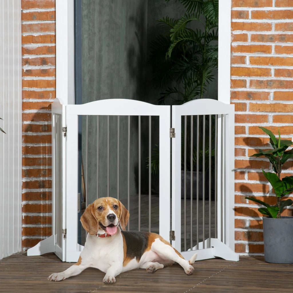 Barriera estensibile a forbice pieghevole per cani in MDF con supporti per porte e scale bianco 154 × 30 × 80 cm