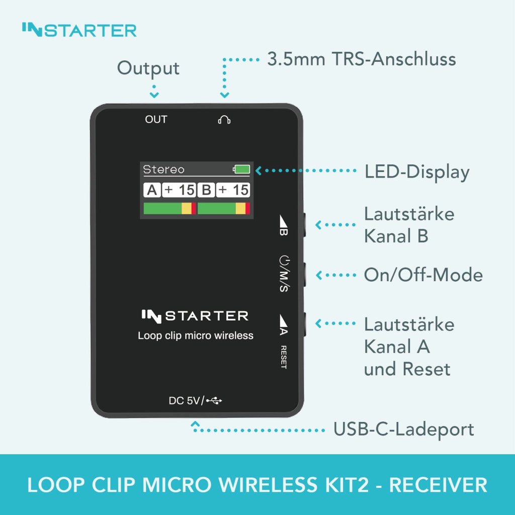 Sistema lavalier wireless Instarter con microfono integrato, 1 trasmettitore e 1 ricevitore, portata 50 m, connessione USB-C e batteria 6 h, ideale per registrazioni con telefono, tablet e PC