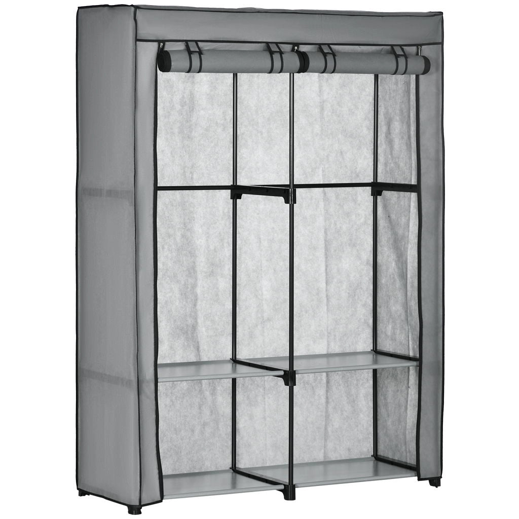 ARMADIO GUARDAROBA PORTATILE IN TESSUTO CON 4 RIPIANI APERTI E 2 APPENDINI 118X49X170 CM GRIGIO