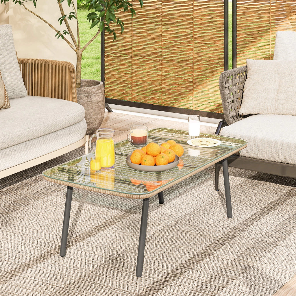 Tavolino da giardino con piano in vetro temperato ¨C Zephmum ¨C Bianco, acciaio, effetto legno
