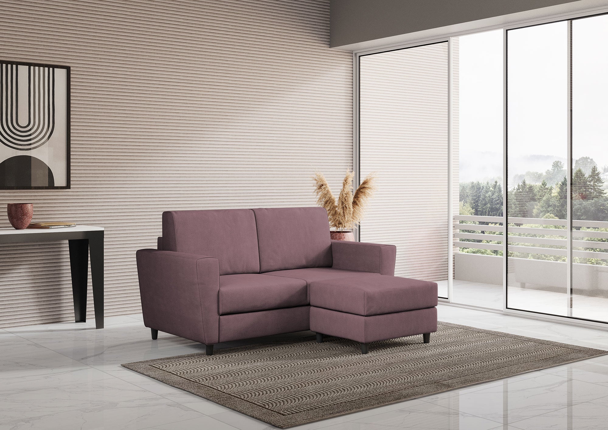 Divano 2 Posti con Pouf 152x155x85 cm Yasel in Tessuto Prugna