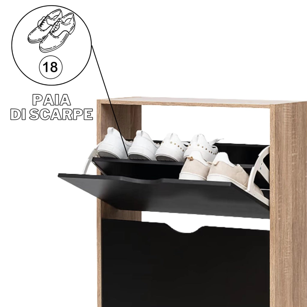 Scarpiera Salvaspazio Slim Ingresso Legno Slim 3 Ripiani Dimensioni Compatte 60 x 119 x 23,3 Ante Moderno MDF Compatta Doppia Profondità Salone Camera a Scomparsa Colore: NERO-ROVERE