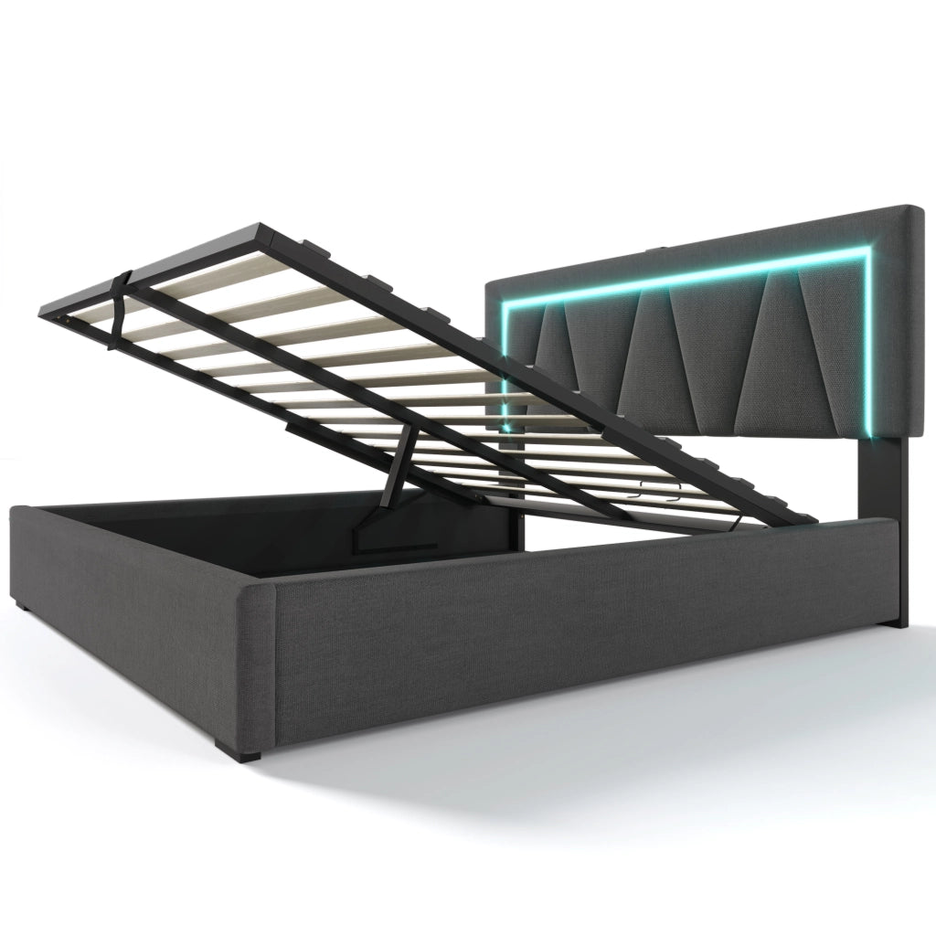 Letto imbottito matrimoniale 140x200 con LED, porta USB e Type-C, testiera regolabile, contenitore con rete a doghe, grigio