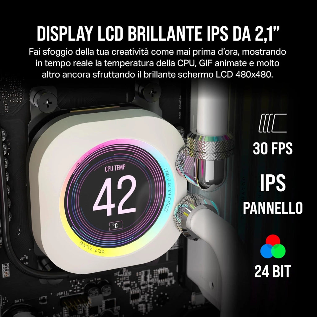 XC7 RGB ELITE LCD Waterblock per CPU - Schermo LCD IPS 480x480-31 LED RGB - USB-C - Adatto per Intel LGA 1700, AMD AM5 e precedenti - Bianco