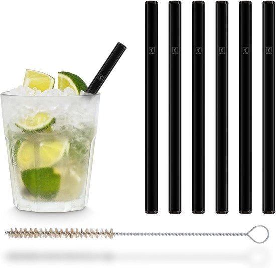 Set di spigoli in vetro nero corti - 6 pezzi - Riciclabile - Spazzola per pulizia senza plastica - Spigoli per bicchieri