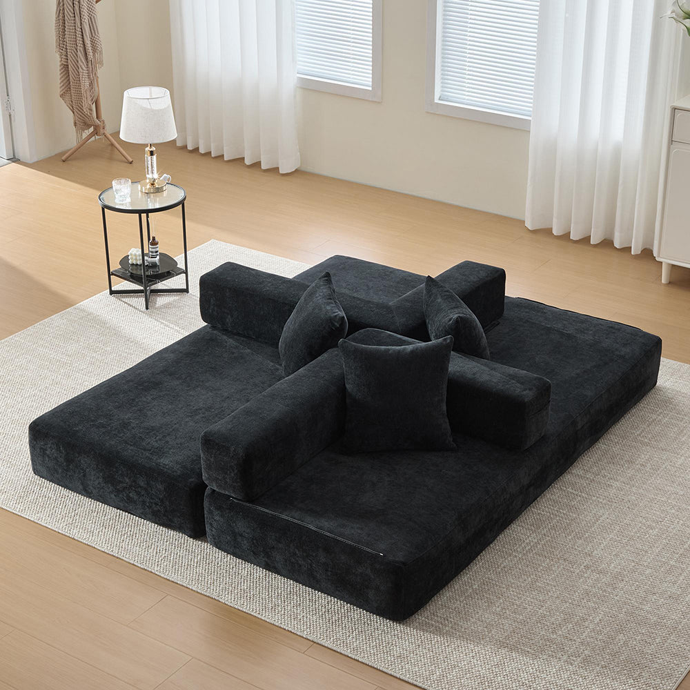 Set divano 3 posti + 3 pouf - Xylo - Velluto costato, imbottitura 32D, home cinema