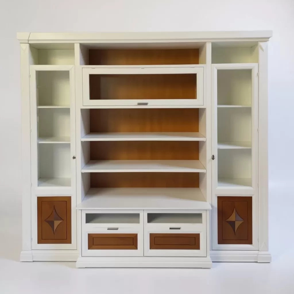 Parete attrezzata shabby legno bianca noce bassano con intarsi 267x56x236 - Mobili 2G