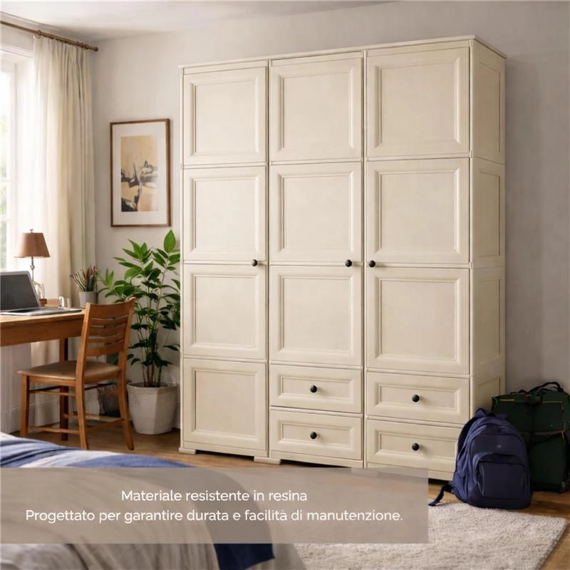 ARMADIO 2 ANTE CON APPENDIABITI E 4 CASSETTI OMNIMODUS – GUARDAROBA MULTIUSO EFFETTO LEGNO MARRONE