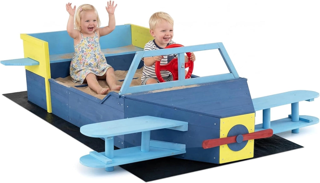 COSYWAY Sabbiera per Bambini in Legno, Gioco da Spiaggia a Forma di Aliante con Panca, Elica, Timone e Alette, Sabbiera da Esterno con Fodera Inferiore per Spiaggia e Cortile, 18 Mesi+, 180x100x50 cm