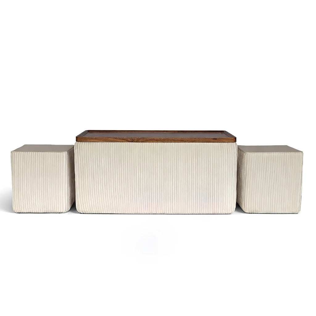 Set 3 Pouf Contenitore Quadrati con Tavolino Rettangolare da Salotto in Velluto e Coperchio in Legno, 2 Pouf Interni Salvaspazio, Tavolino Contenitore Moderno,Poggiapiedi, Seduta Imbottita Beige