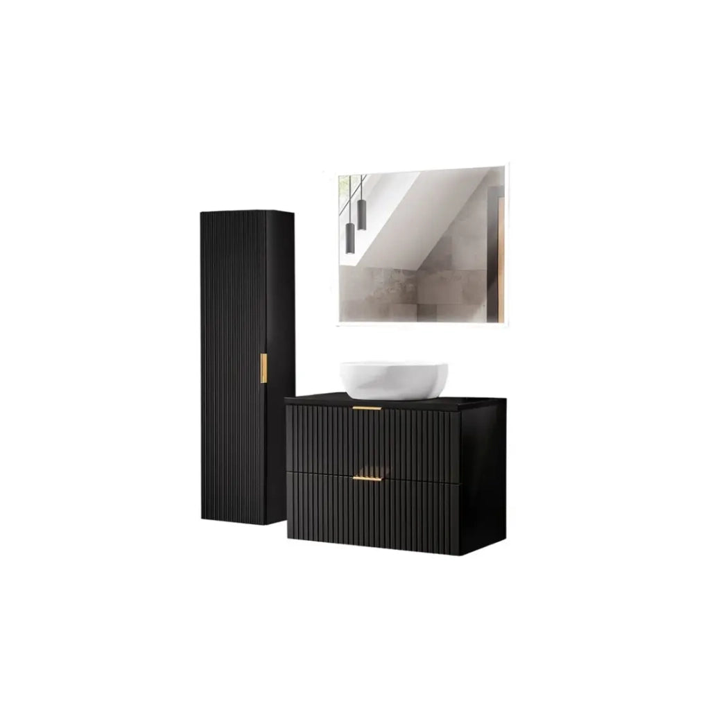 Mobile sottolavabo NOXERA 80 cm – Nero opaco – Lavabo + specchio LED + colonna sospesa