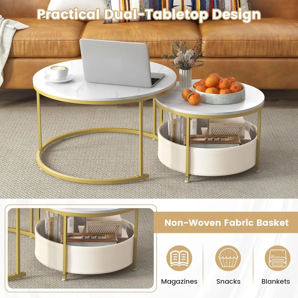 Tavolino rotondo da caffè, set di 2 tavolini con cestino portaoggetti, telaio in metallo, φ80 cm + φ60 cm, comodini per soggiorno, ufficio, camera da letto