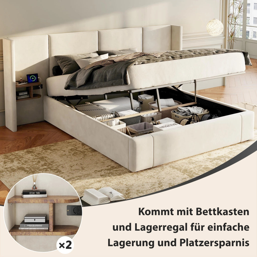 OKWISH Letto Contenitore 160×200 cm, Letto Matrimoniale con USB, Tipo C, Prese e 2 Comodini, senza Materasso, in Velluto, Beige
