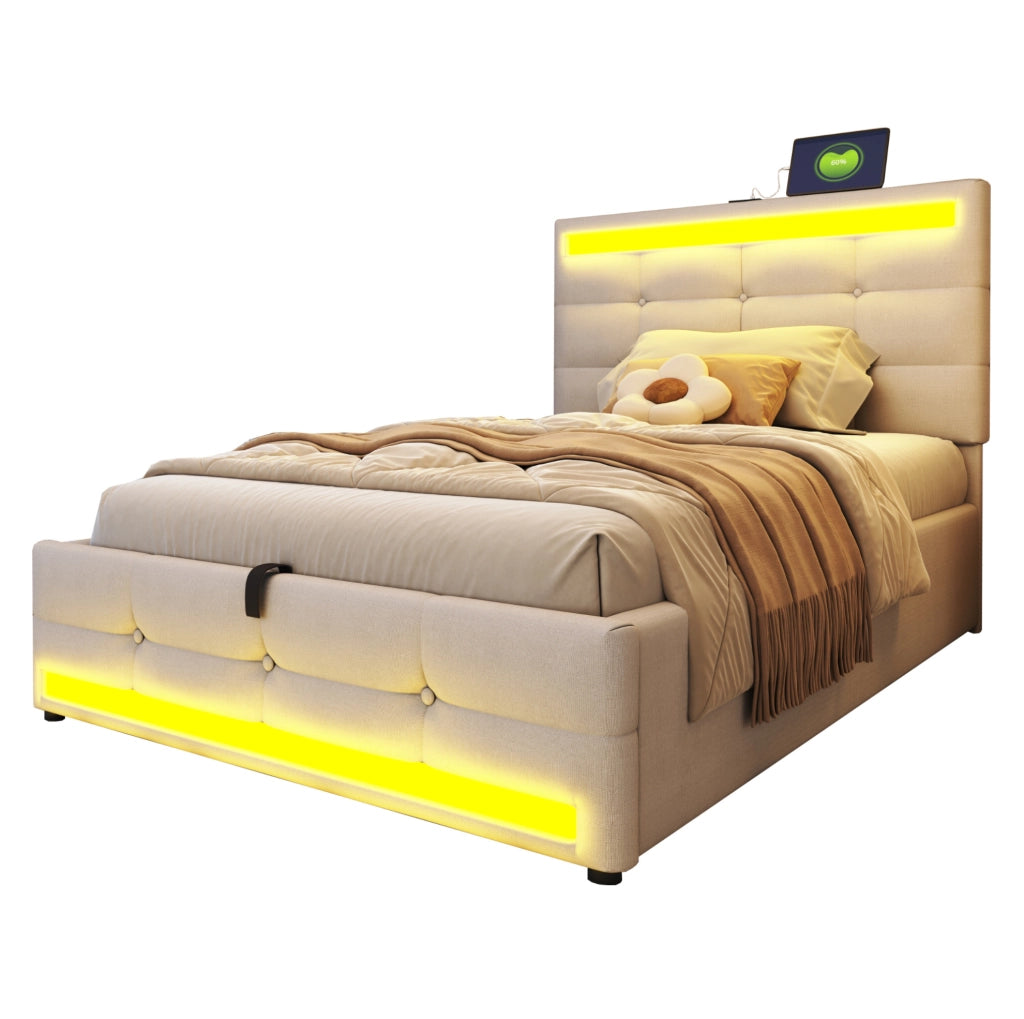 Letto imbottito 90x200 cm beige con LED RGB; USB e testiera regolabile