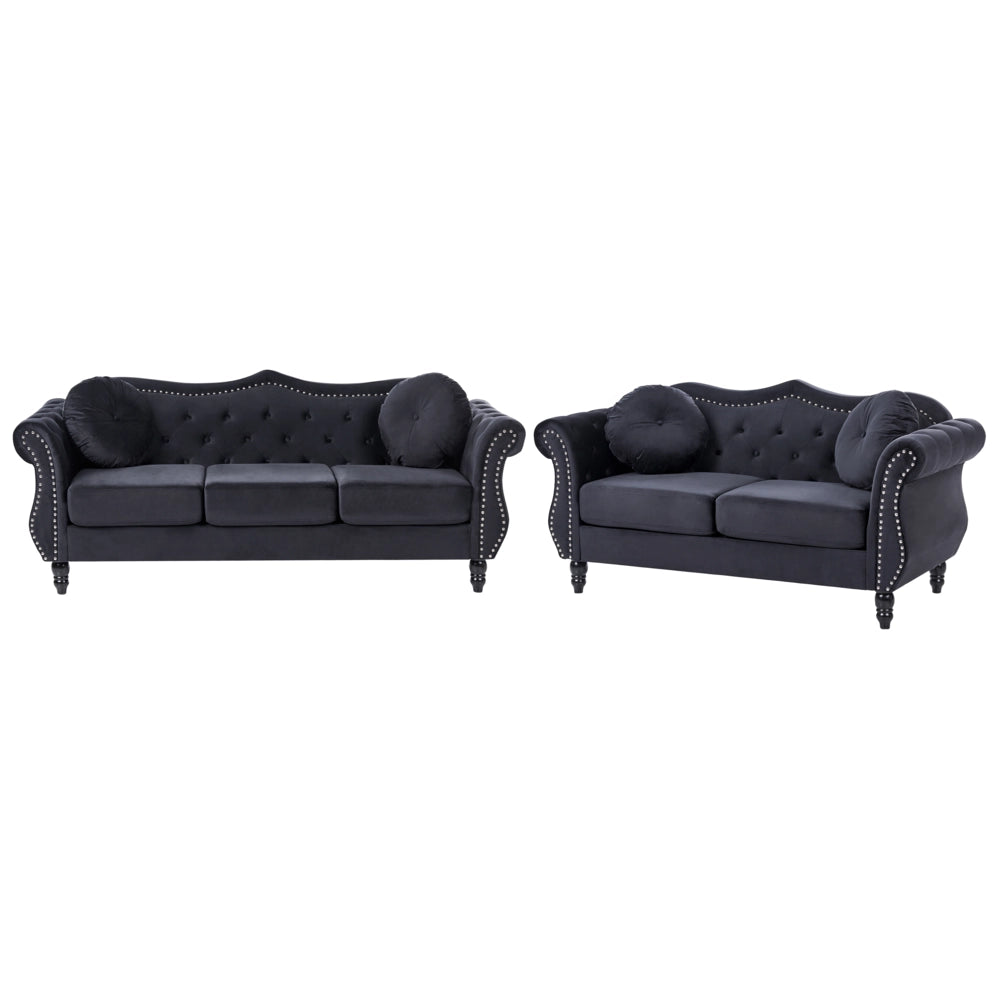 Set da soggiorno Velluto Nero 2 posti 3 posti Bottoni con rifiniture a punta trapuntata Cuscini Braccia arrotolate Glam