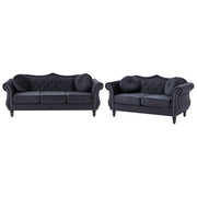 Set da soggiorno Velluto Nero 2 posti 3 posti Bottoni con rifiniture a punta trapuntata Cuscini Braccia arrotolate Glam