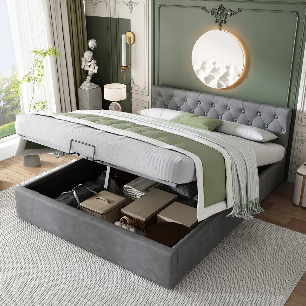 Letto matrimoniale in velluto grigio 140x200 cm con testiera capitonné e contenitore idraulico