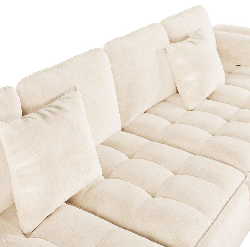 Divano angolare a U 4-5 posti in chenille beige con 2 chaise longue; 262x134x86 cm