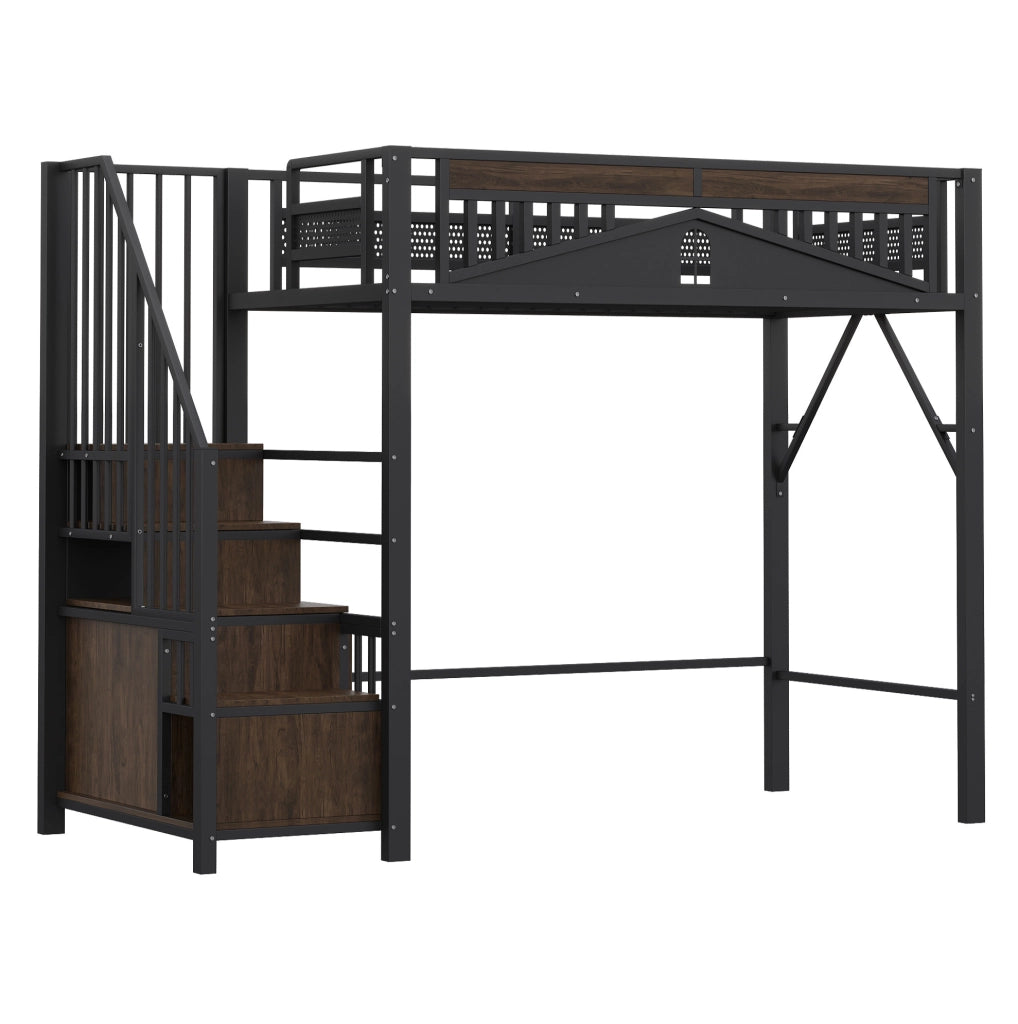 Letto a soppalco 90x200 cm con scala; contenitore e finestra in metallo e legno nero