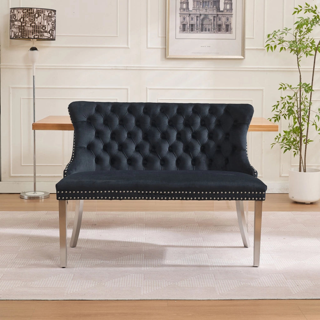 Panca da Pranzo Imbottita 2 Posti ¨C MINIMAL ¨C Velluto Nero, Gambe in Metallo