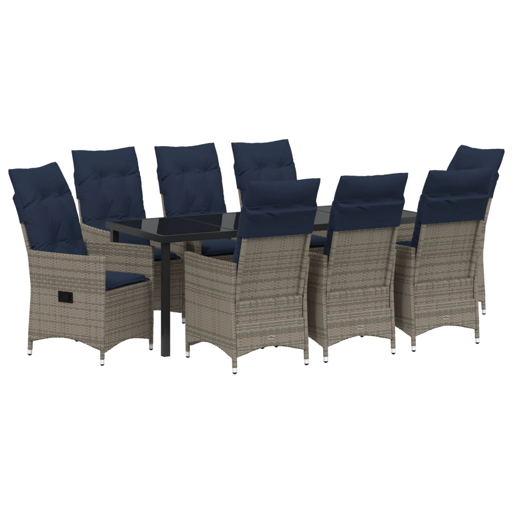 Set Pranzo Giardino 9 Pezzi con Cuscini Grigio Polyrattan