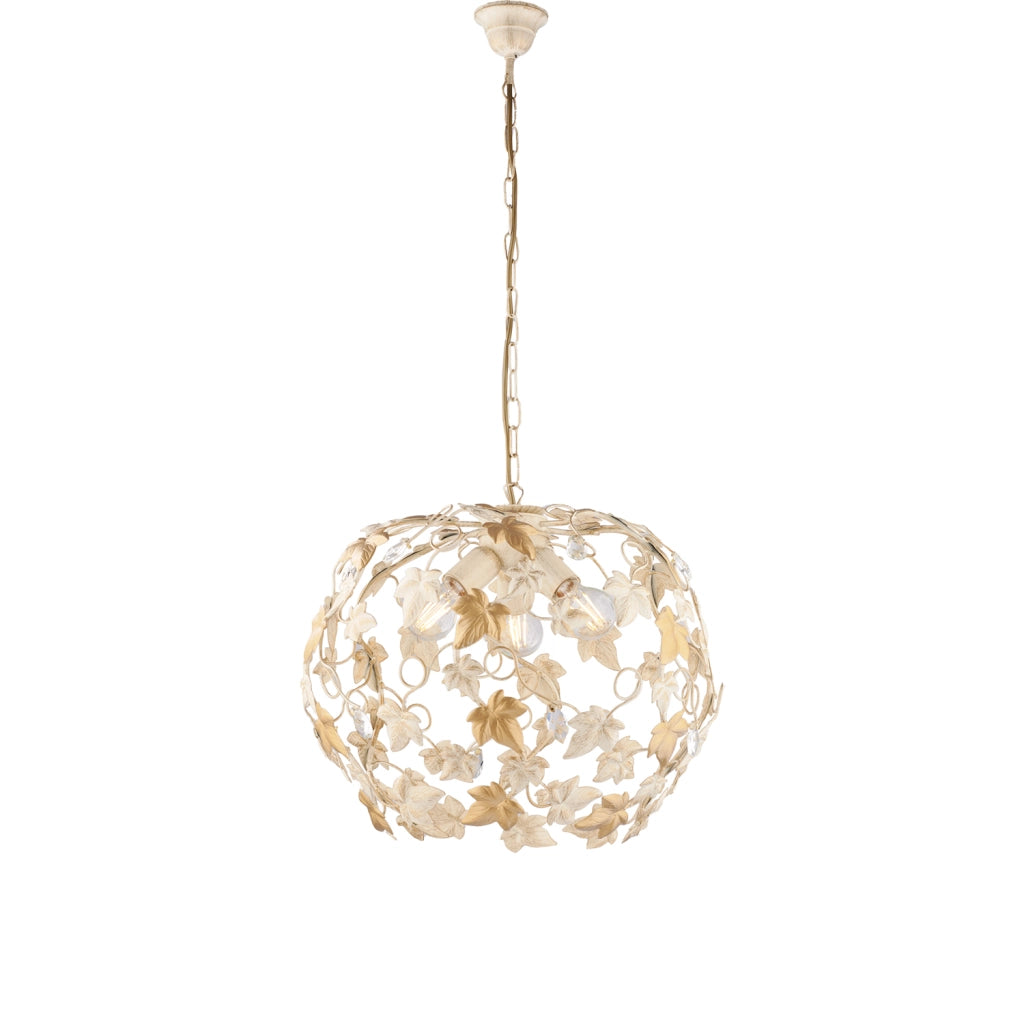 Lampadario Shabby Edera 3 Luci Ferro Battuto Avorio Oro Con Foglie E Cristalli