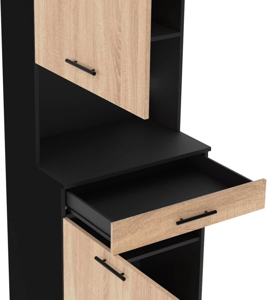 Comò da cucina CINA 60 CM 2 ante + cassetto look nero e faggio