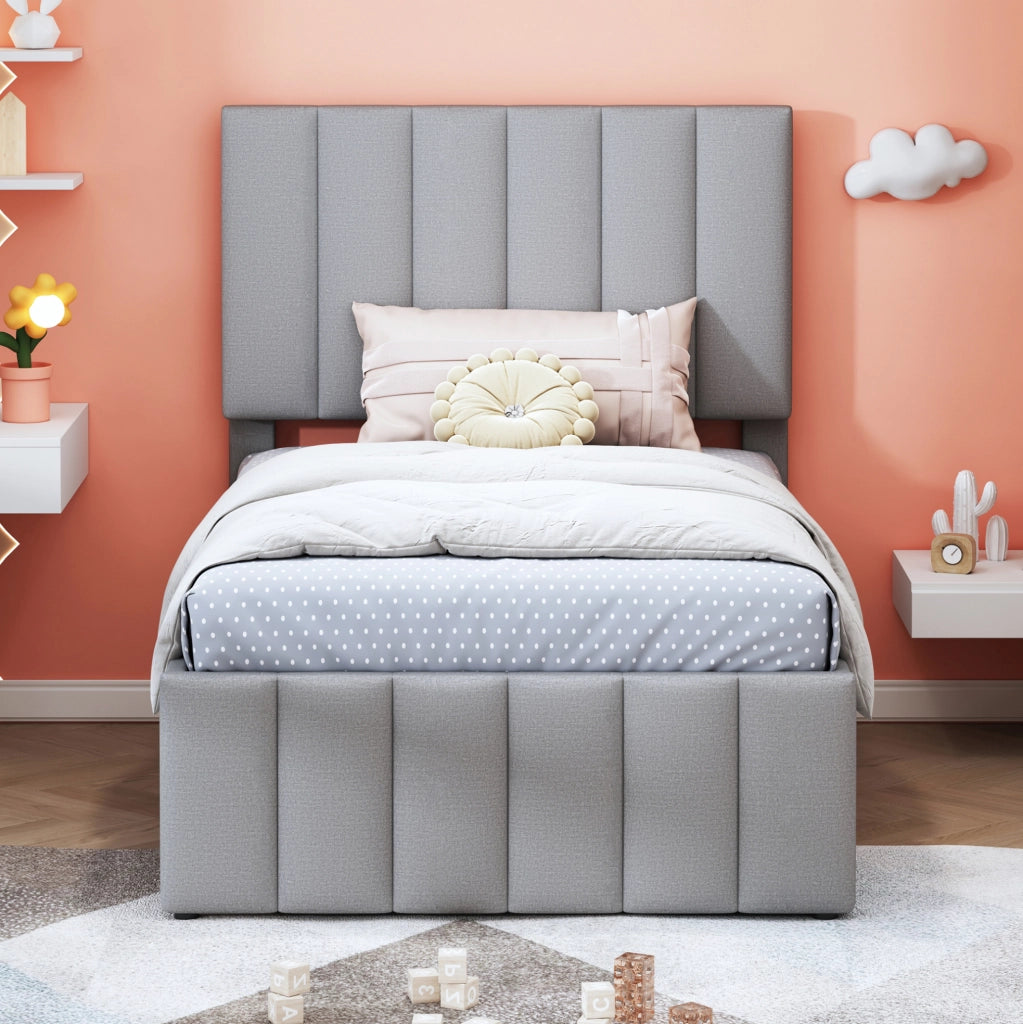 Letto imbottito 90x200 cm con letto estraibile e 3 cassetti in tessuto di cotone e lino grigio