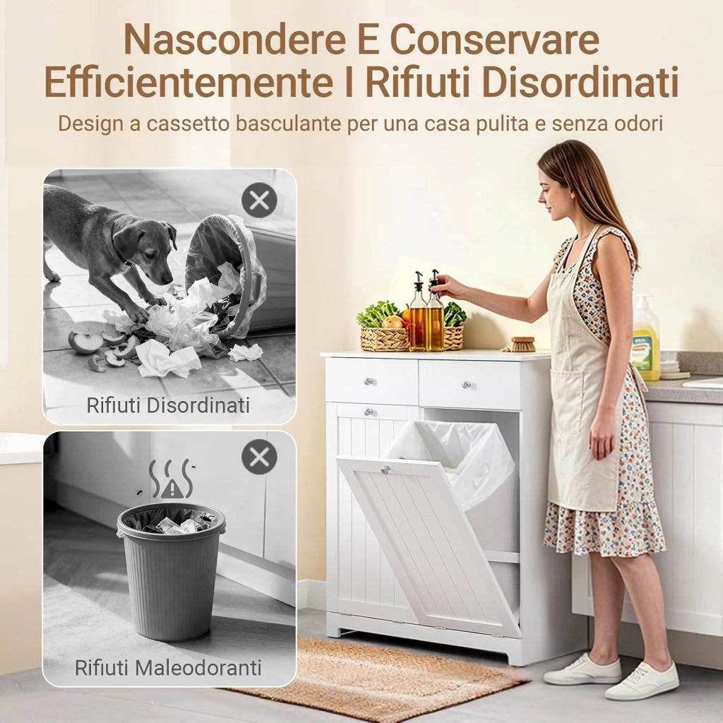 Mobile Spazzatura da Cucina con Pattumiera Integrata Armadietto Raccolta Differenziata con 2 Cassetti e 2 Sacchi da 45L Mobiletto Salvaspazio con Chiusura Silenziosa Bianco 78x38x90cm BZR33-II-W
