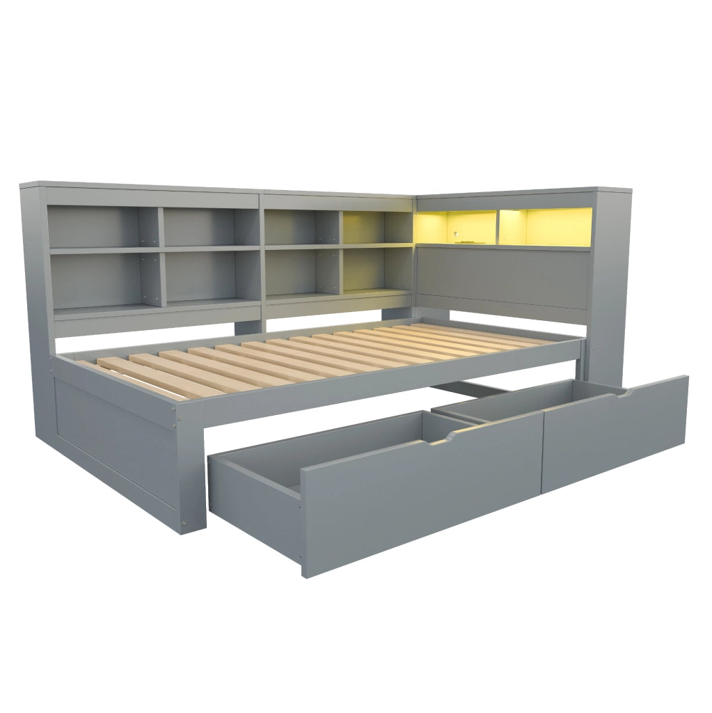 Letto singolo 90x200 cm con cassetti, USB e LED in pino, compensato e MDF grigio