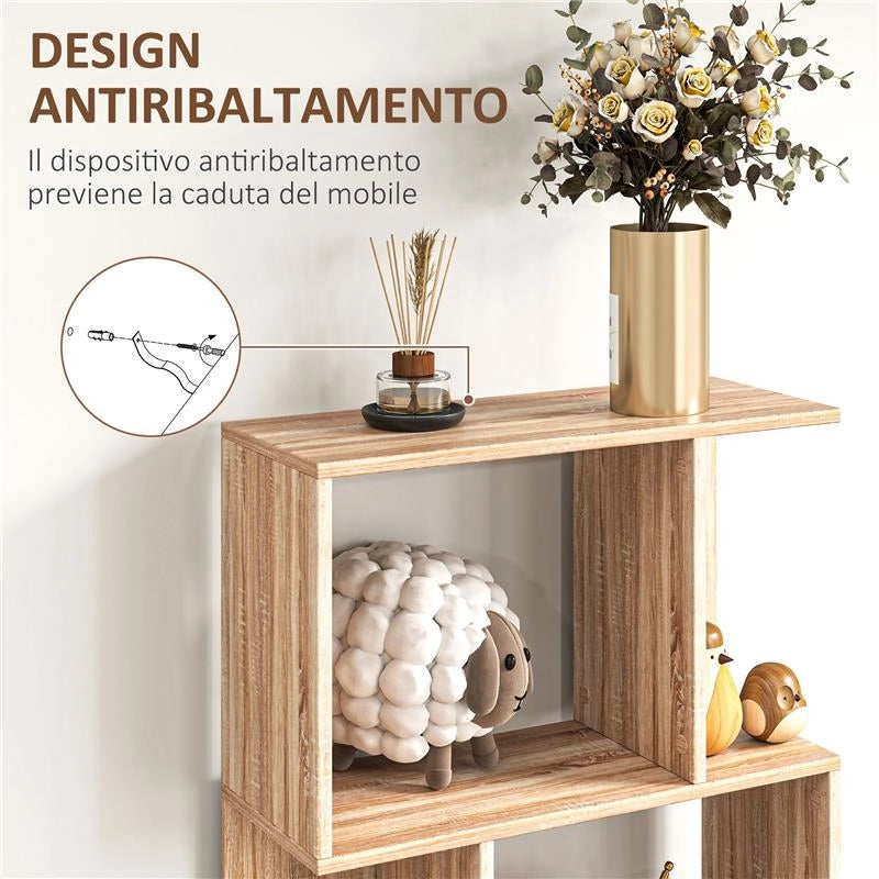 MOBILE LIBRERIA IN LEGNO A 5 RIPIANI CON DIVISORIO 60X24X184.5 CM COLOR LEGNO