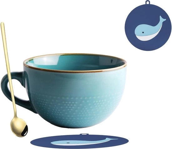 Ceramica grande tazza da caffè con cucchiaio e sottopiatto - 700 ml tazza multifunzionale per caffè, tè, cereali e altro
