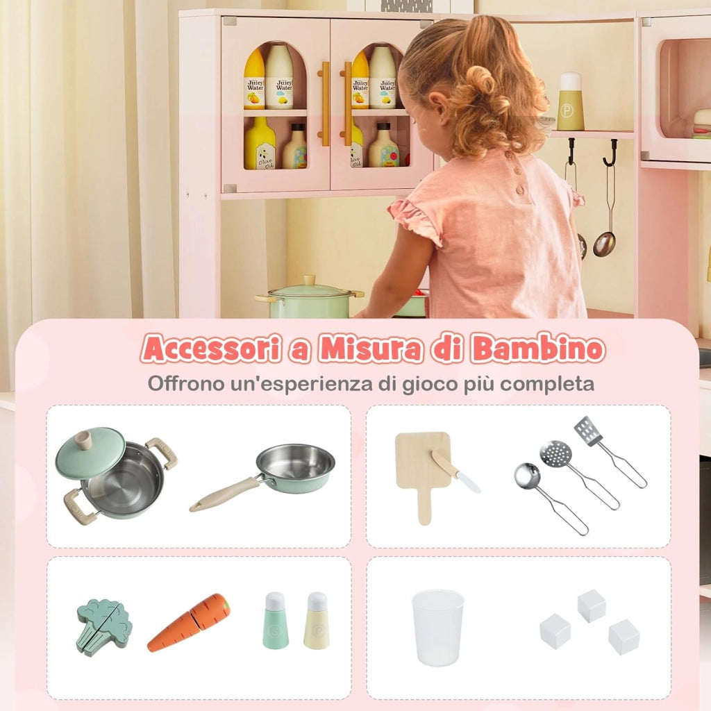 Cucina Giocattolo Angolare in Legno, Set di Cucina Giocattolo per Bambini con Lavabo, Fornelli, Forno, Frigorifero, Macchina del Ghiaccio e Accessori, per Bambini 3 Anni+ (Rosa)
