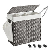 Cesto portabiancheria intrecciato a mano 140 litri imitazione rattan 3 scomparti sacco rimovibile coperchio manici facile da montare soggiorno bagno 66 x 33 x 60 cm grigio 12_0006777