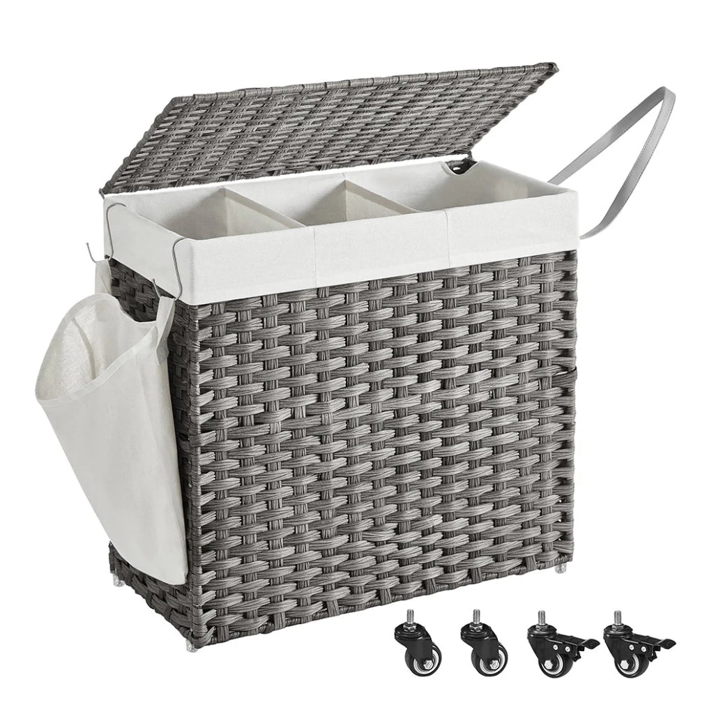 Cesto portabiancheria intrecciato a mano 140 litri imitazione rattan 3 scomparti sacco rimovibile coperchio manici facile da montare soggiorno bagno 66 x 33 x 60 cm grigio 12_0006777