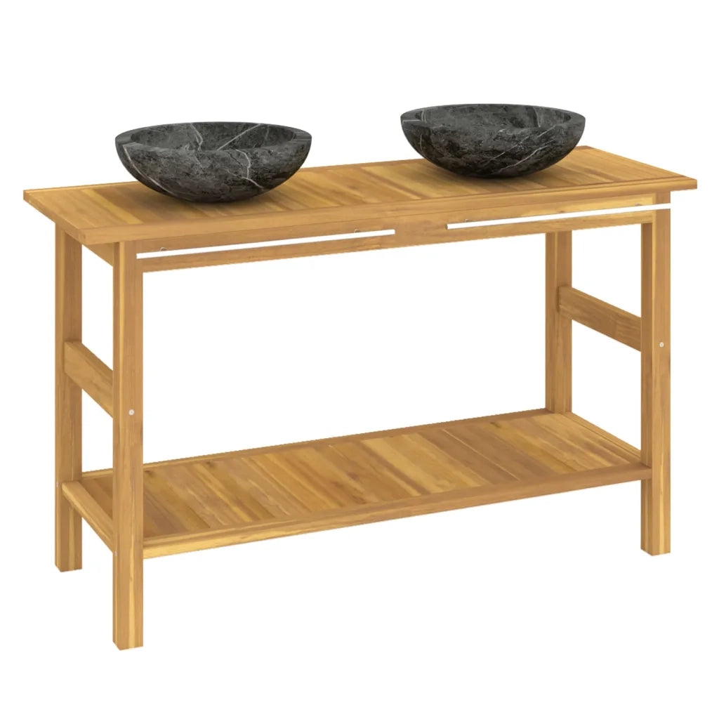 Mobile VanitÃ  Bagno e Lavandini Marmo Nero Legno Massello Teakcod mxl 125520