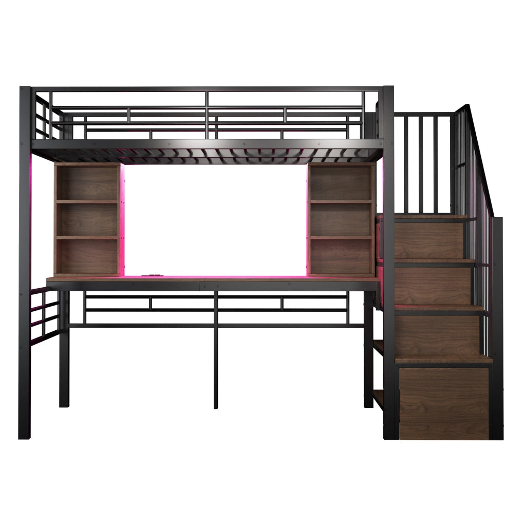 Letto a soppalco 90x200 cm con scrivania; scala contenitore reversibile e LED; nero