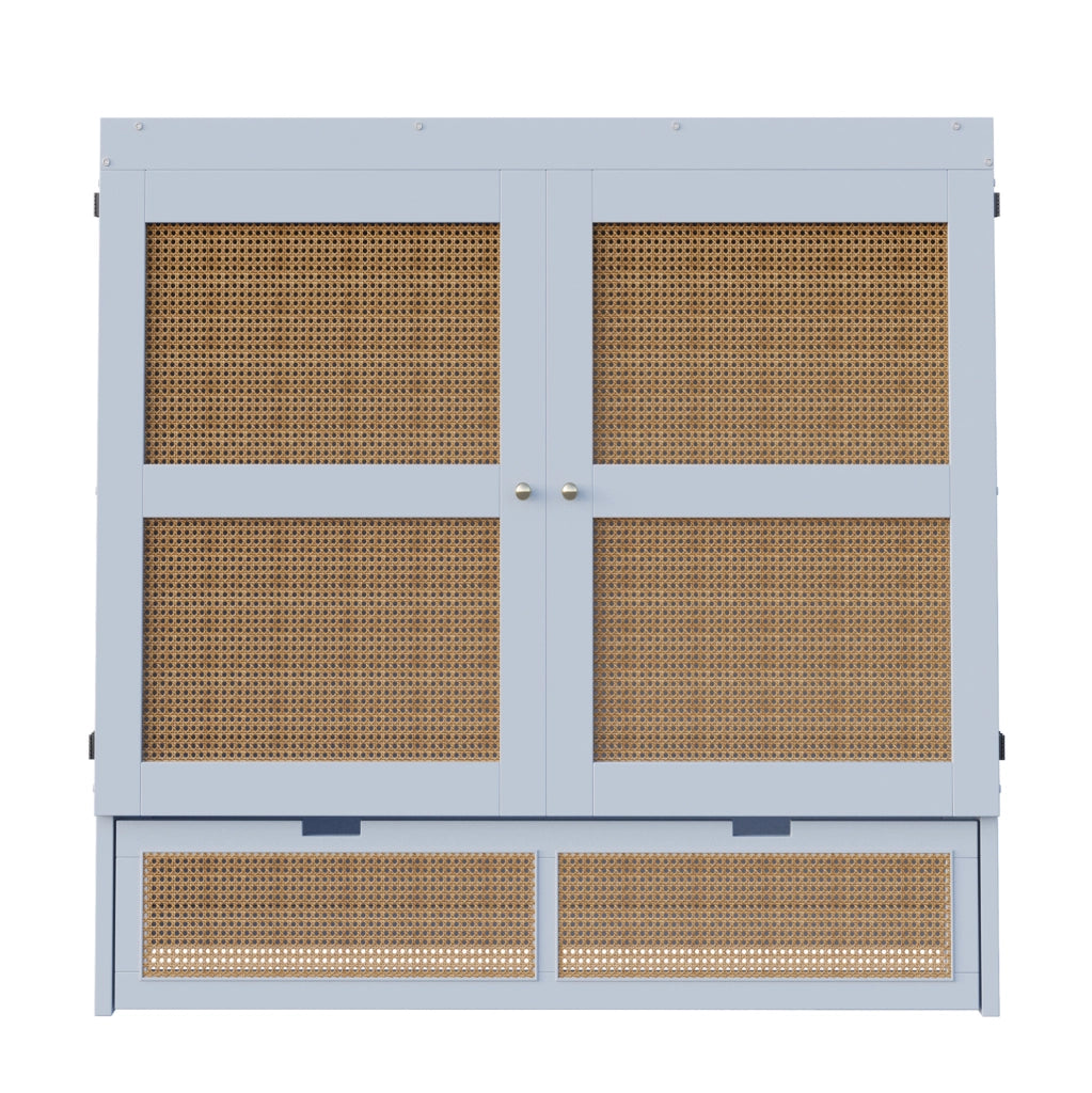 Letto a scomparsa 140x200 cm con design effetto rattan; contenitore e cassetti; grigio