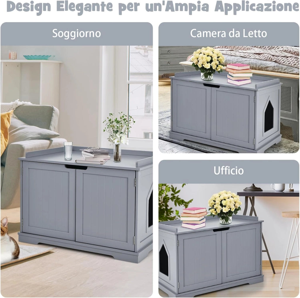 Casetta per Gatti, Lettera per Gatti, Casetta per Animali, Casa per Gatti, Recinto con Foro per Gatti, Cassa per Animali con Struttura in Legno Resistente (Grigio)